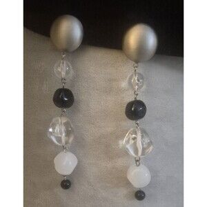 Vintage Black & Clear Lucite 4.25 Inches Long Dangle Clip-On Earrings